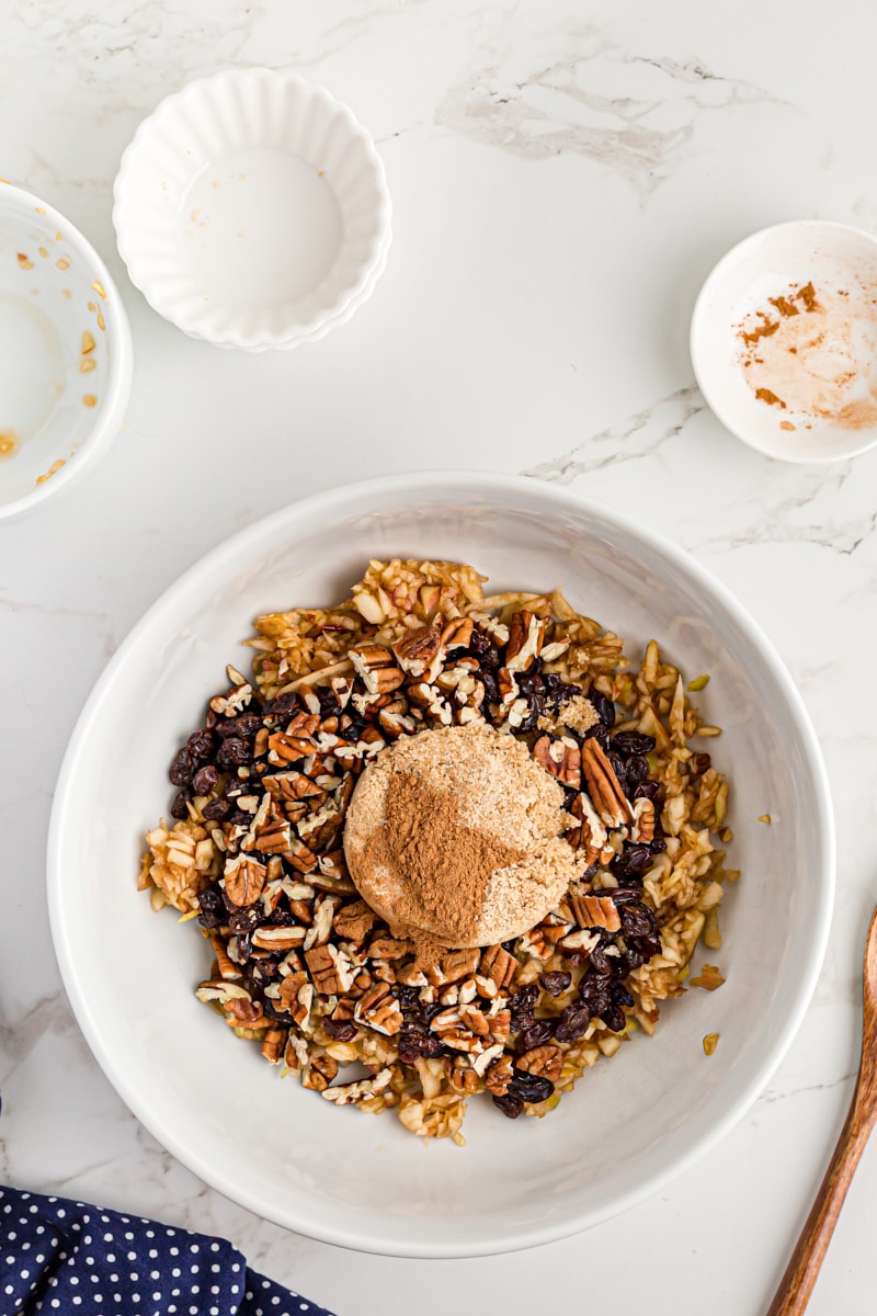 Overhead view of streusel ingredients in mixing bowl