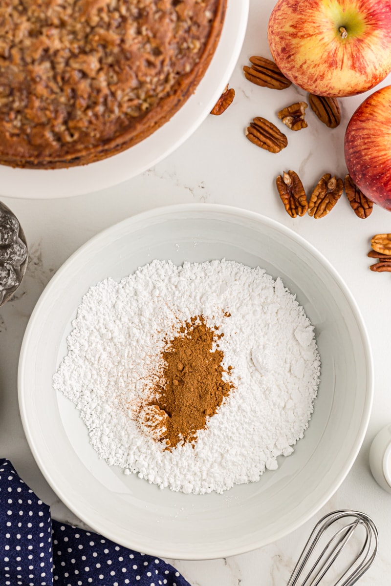 Overhead view of glaze ingredients in mixing bowl