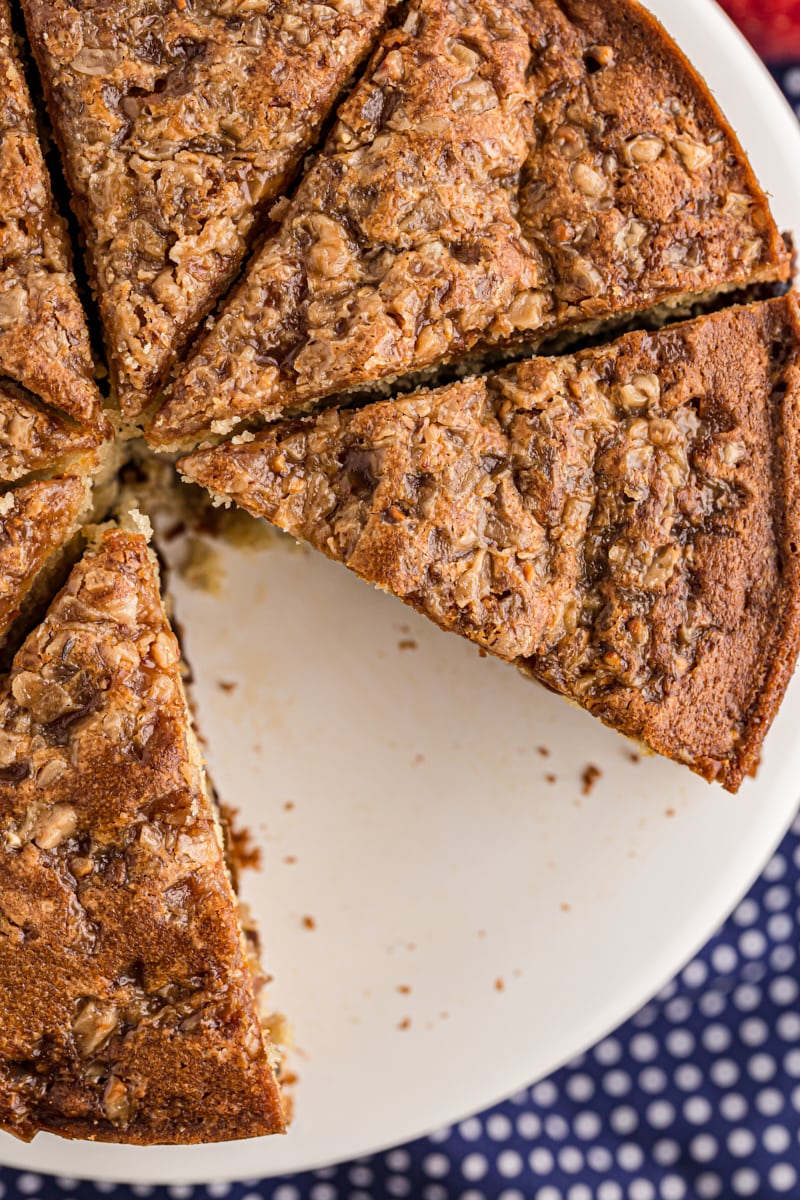 Overhead view of apple streusel coffee cake cut into pieces