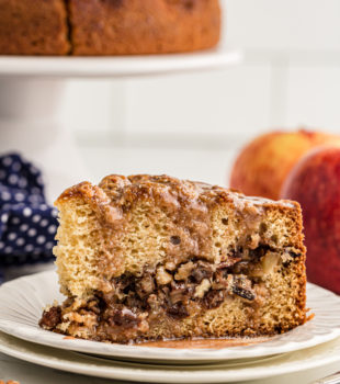 Slice of apple streusel coffee cake on plate