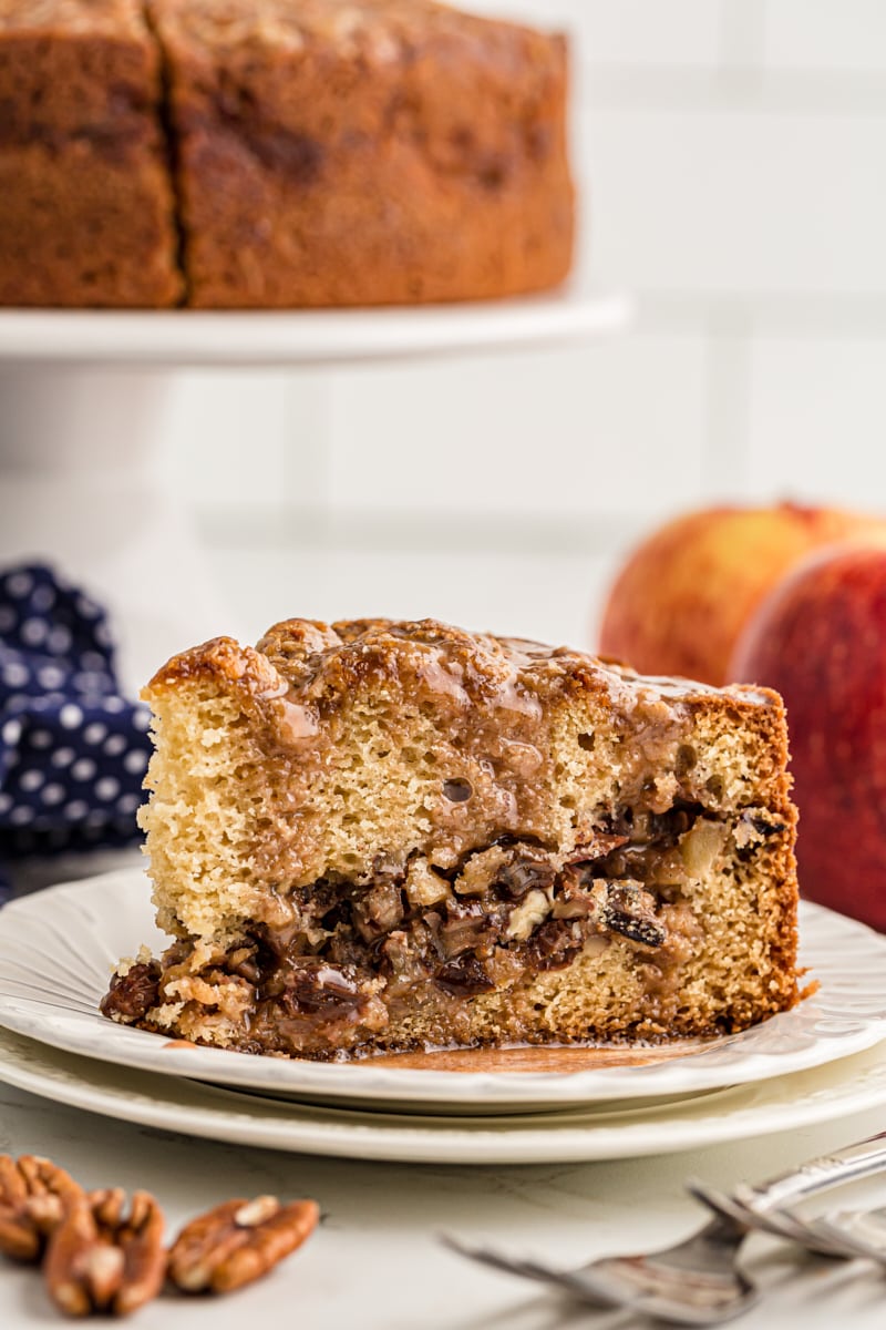 Slice of apple streusel coffee cake on plate