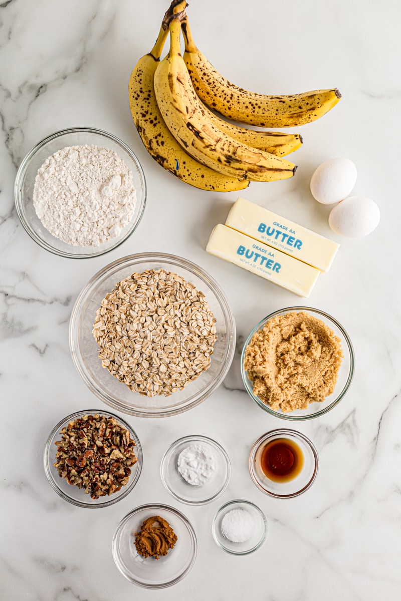 Overhead view of ingredients for banana oatmeal crumb cake