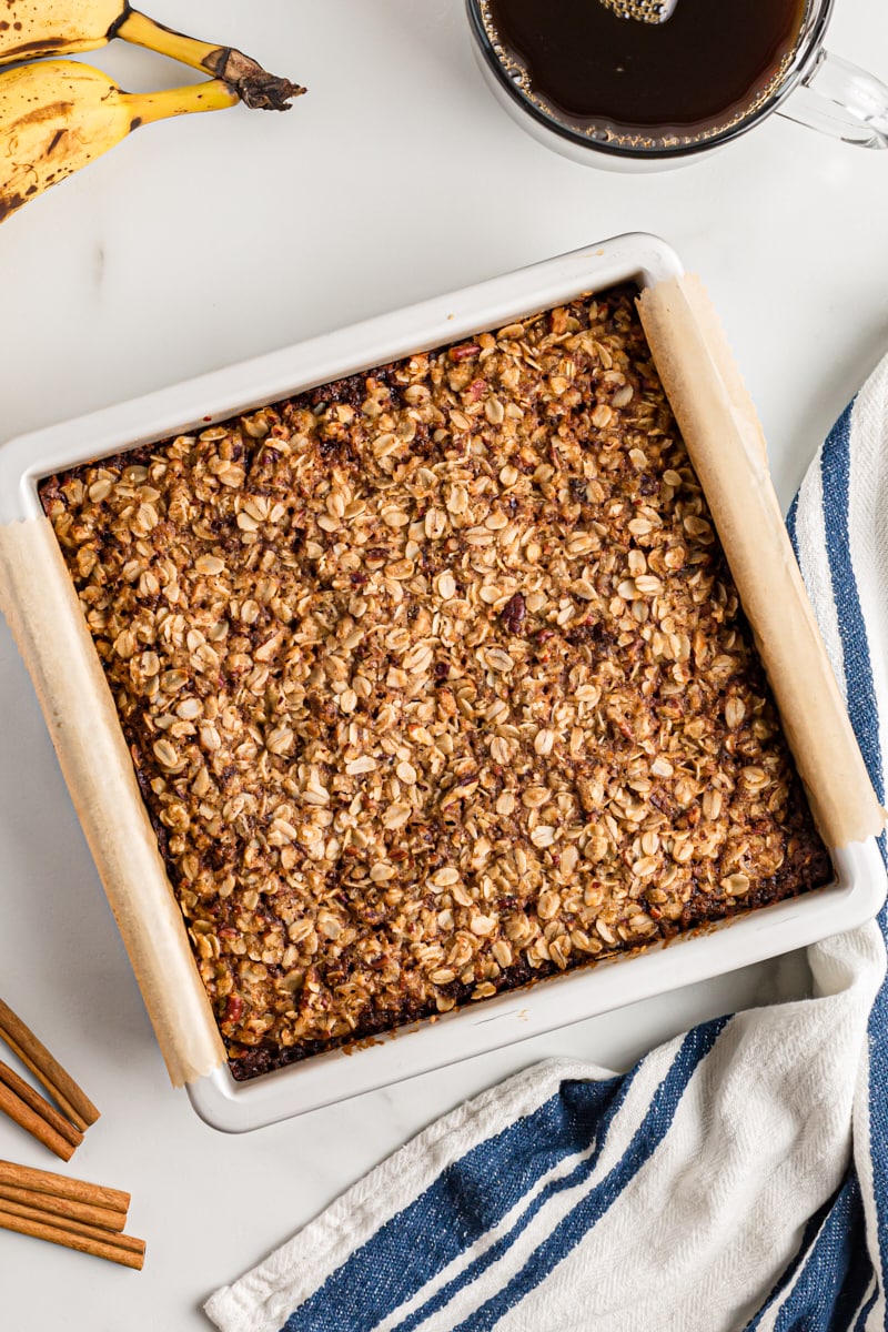 Overhead view of banana oatmeal crumb cake in pan