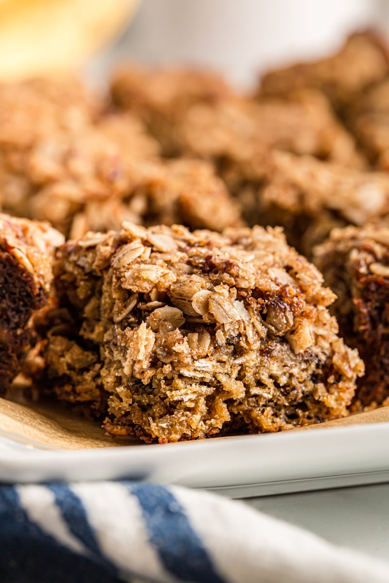 Pieces of banana oatmeal crumb cake on tray