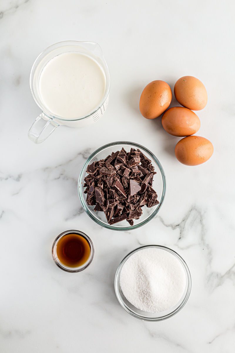 Overhead view of chocolate pots de creme ingredients