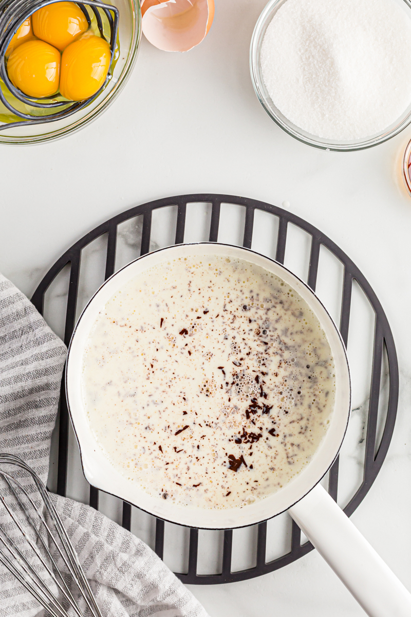 Overhead view of heavy cream and chocolate in saucepan