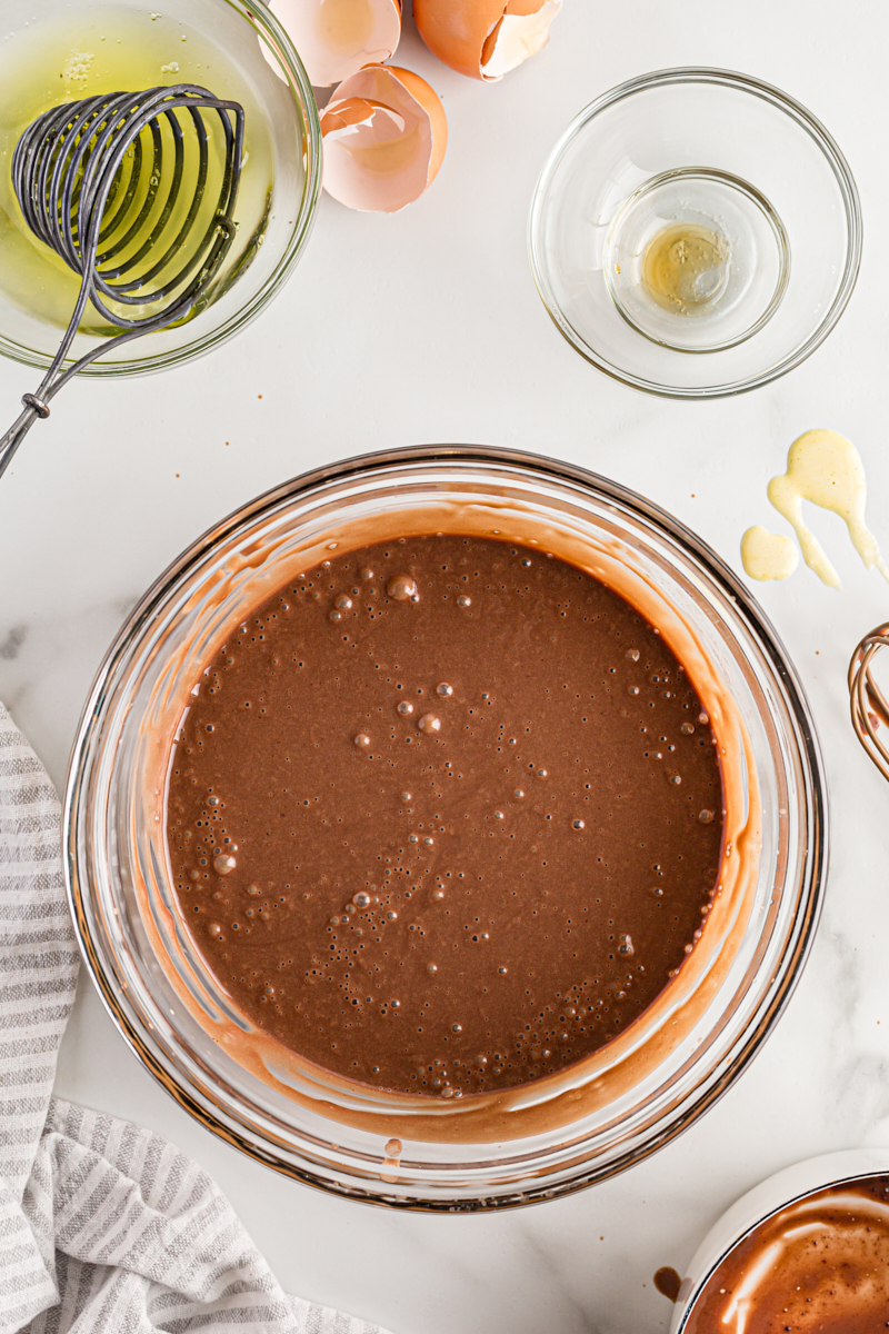 Overhead view of chocolate custard in glass bowl