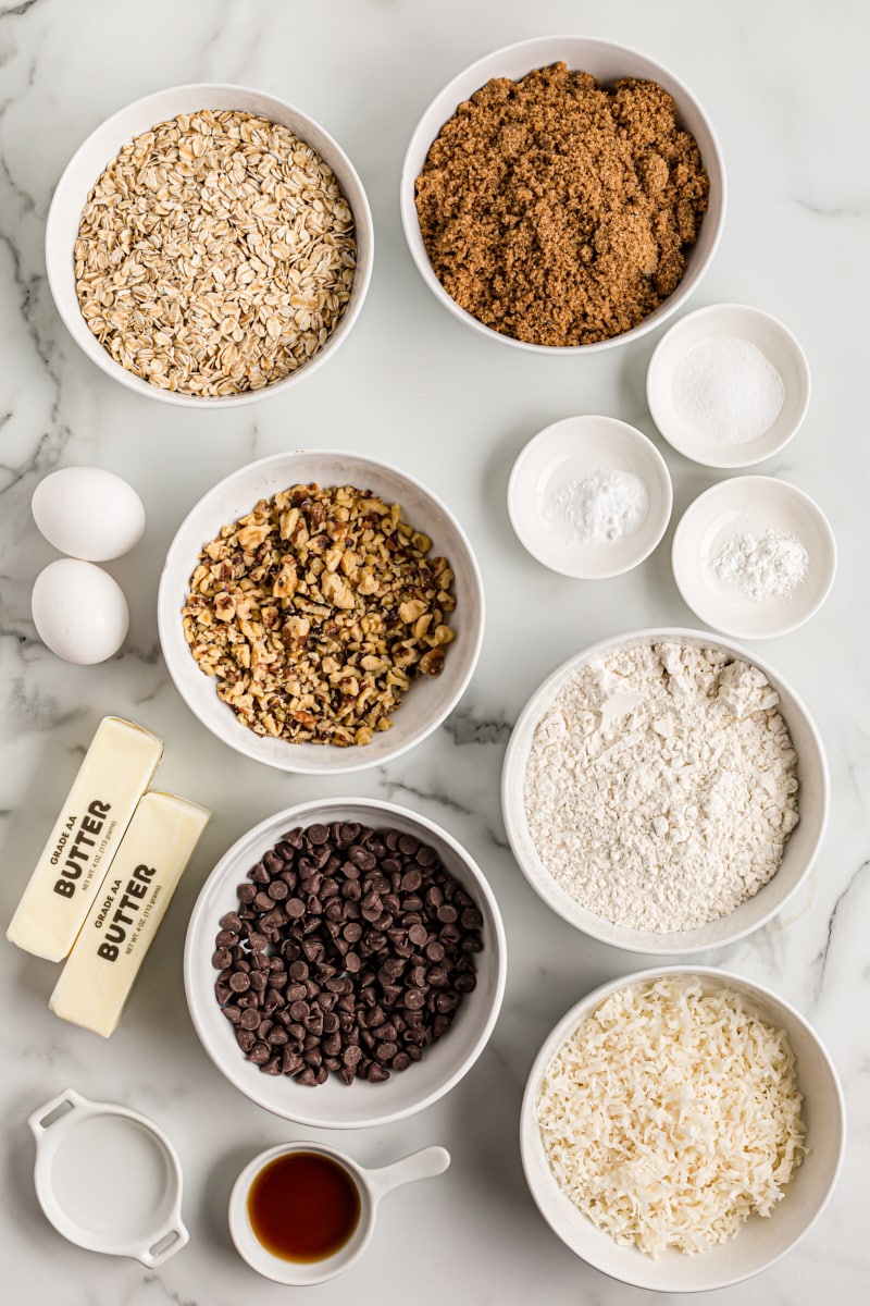 Overhead view of ingredients for cowboy cookies