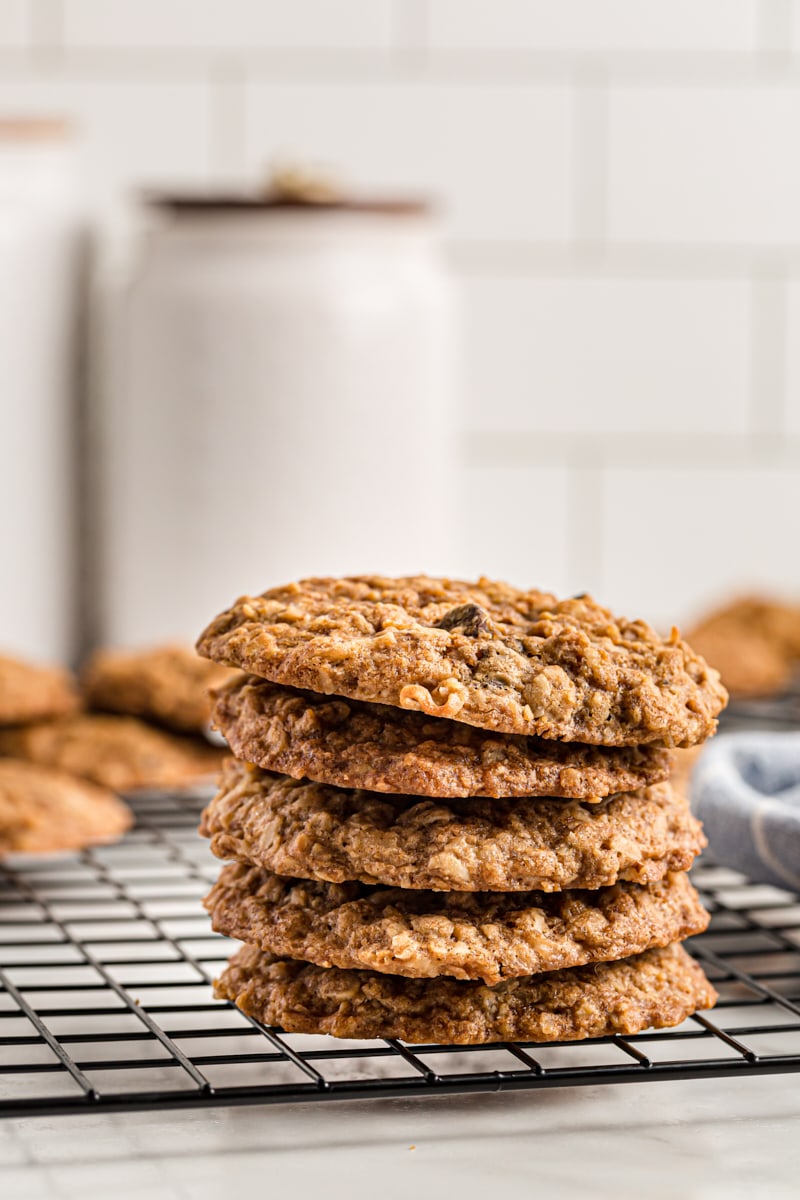 Stack of cowboy cookies on rack