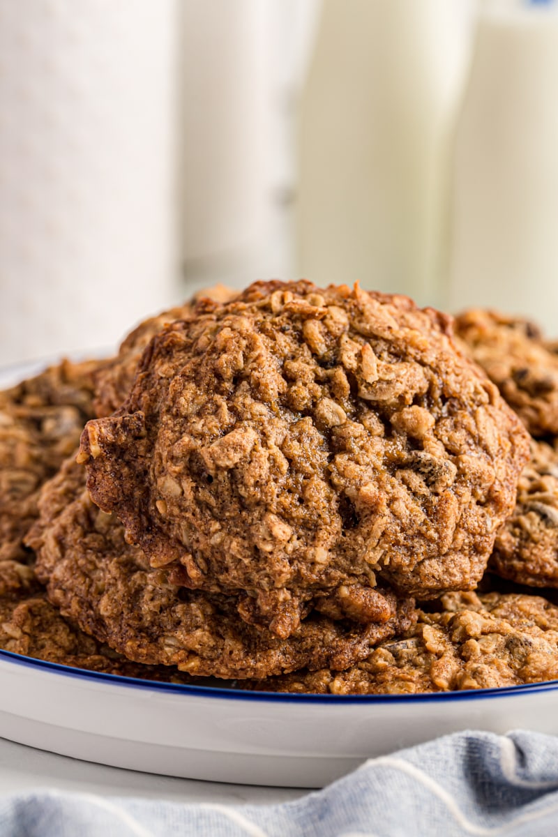 Stack of cowboy cookies on plate