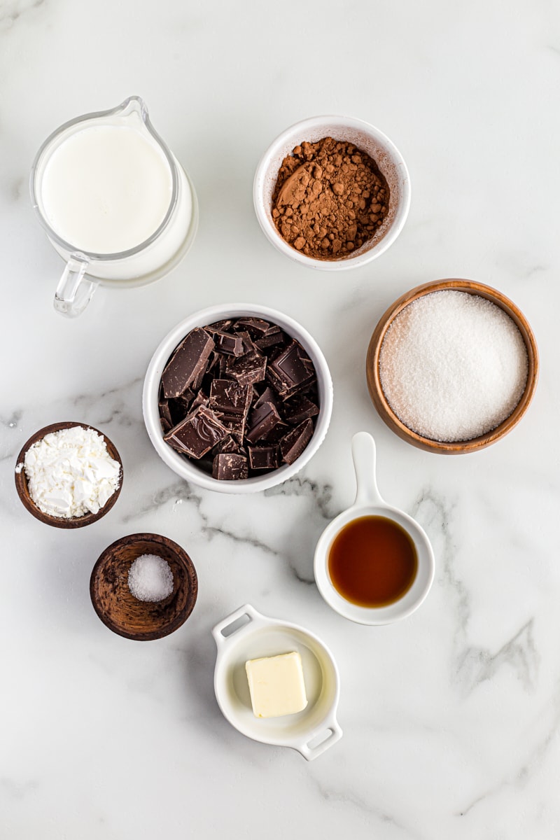 Overhead view of ingredients for double chocolate pudding