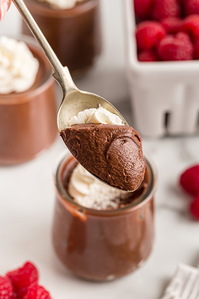Spoonful of double chocolate pudding with whipped cream