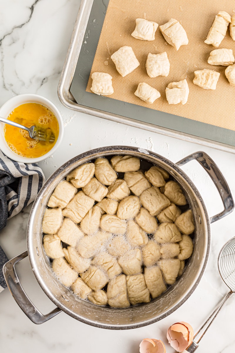 overhead view of Pretzel Bites in a baking soda water solution