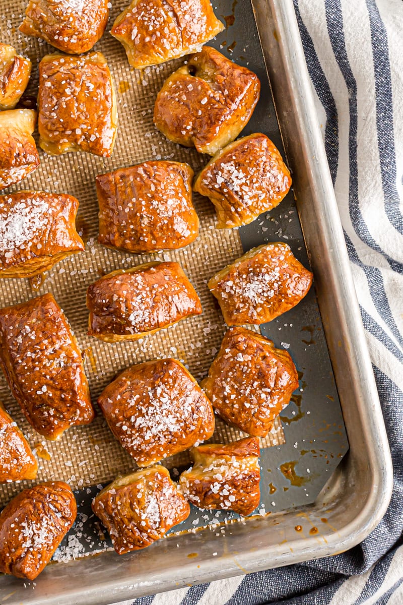 overhead view of Pretzel Bites on a baking sheet