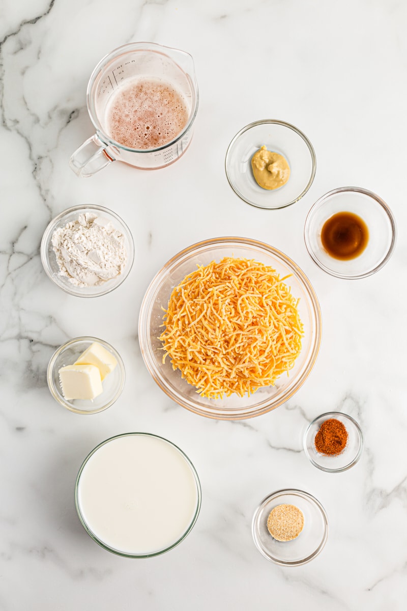 overhead view of ingredients for beer cheese dip