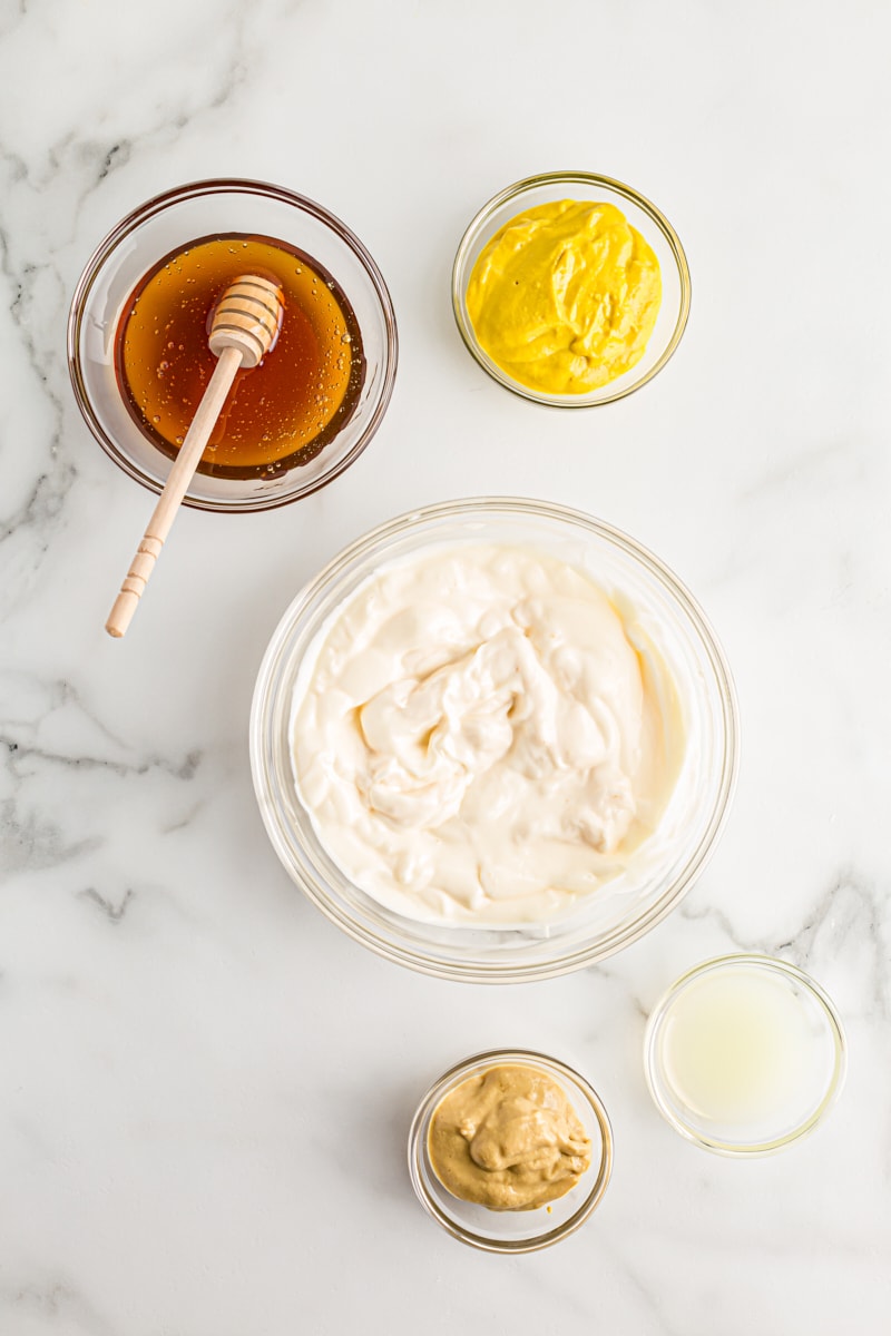 overhead view of ingredients for honey mustard dipping sauce