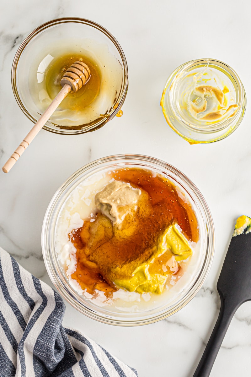 overhead view of mixing honey mustard dipping sauce