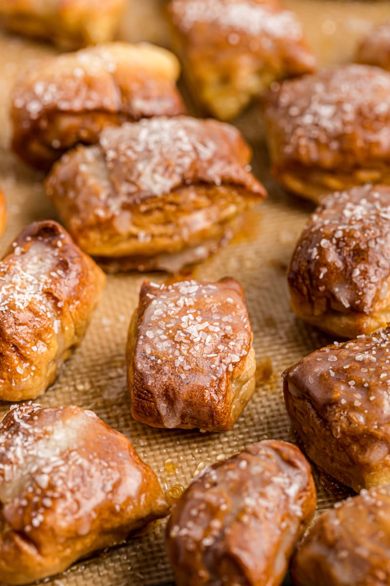 Pretzel Bites on a baking sheet lined with a silicone liner