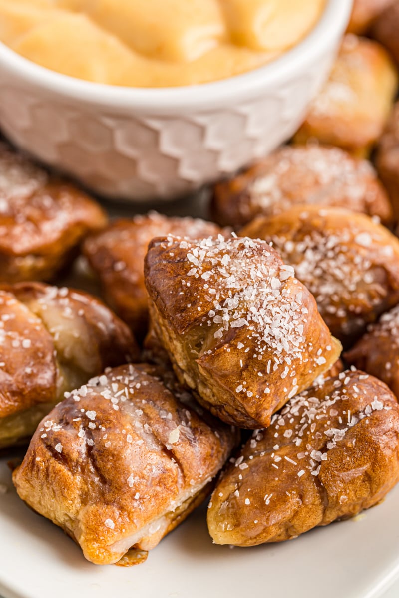 Pretzel Bites on a white plate with a bowl of beer cheese dip