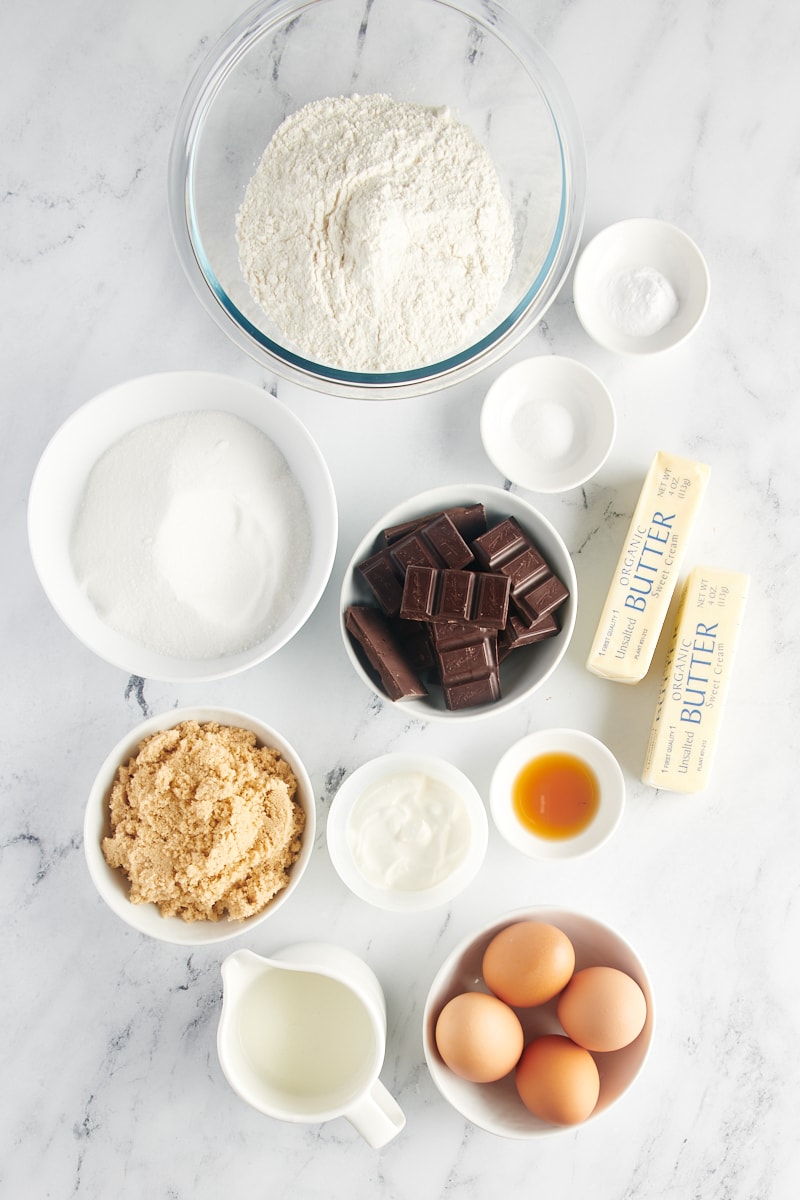 overhead view of ingredients for Chocolate Sheet Cake