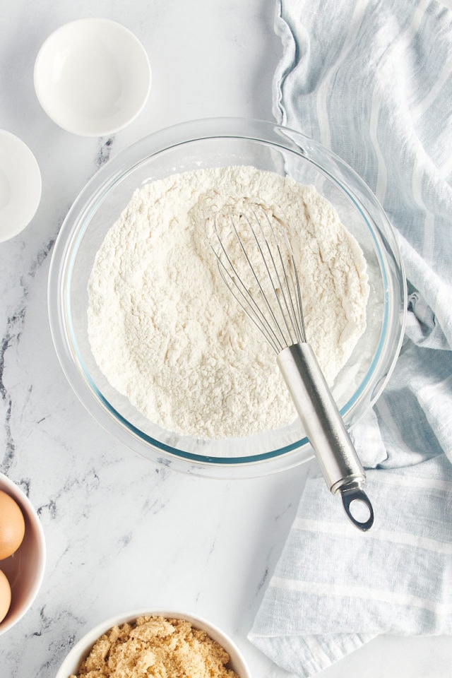 overhead view of combined dry ingredients for Chocolate Sheet Cake