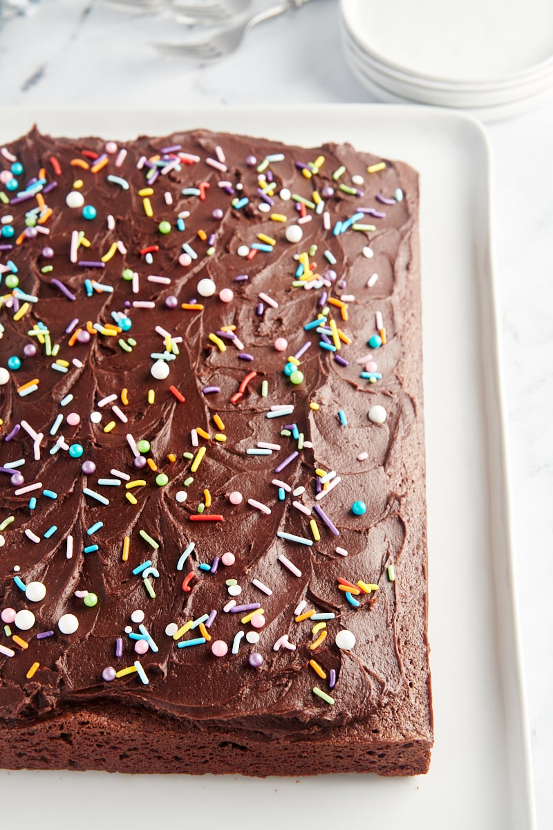 Chocolate Sheet Cake on a white serving tray