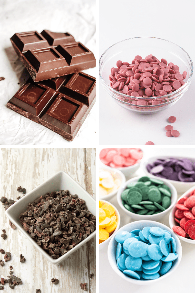 collage of images of couverture chocolate, ruby chocolate, cocoa nibs, and candy coating