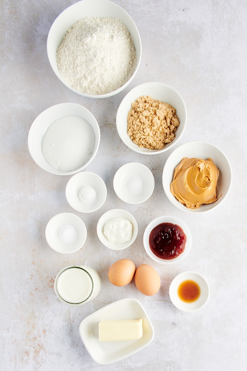 overhead view of ingredients for Peanut Butter and Jelly Muffins