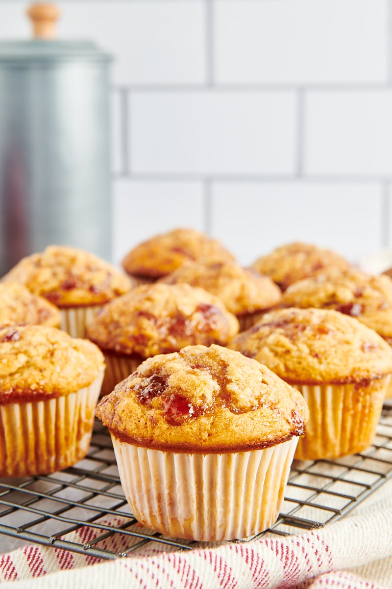 Peanut Butter and Jelly Muffins on a wire cooling rack