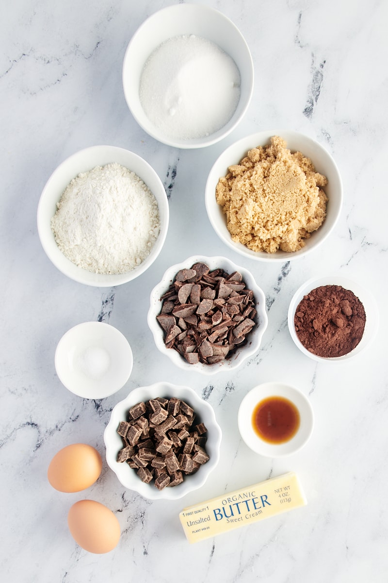 Overhead view of triple chocolate brownie cake ingredients