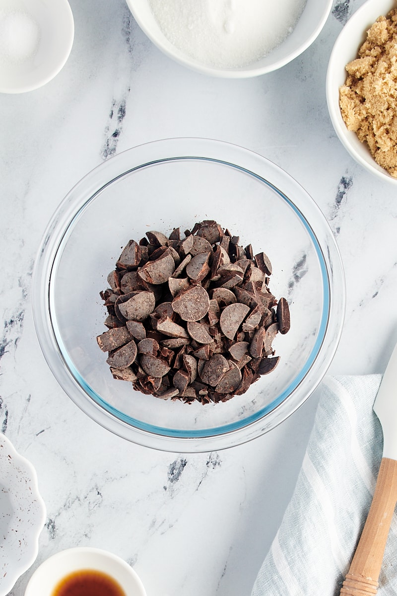 Overhead view of chocolate in glass bowl