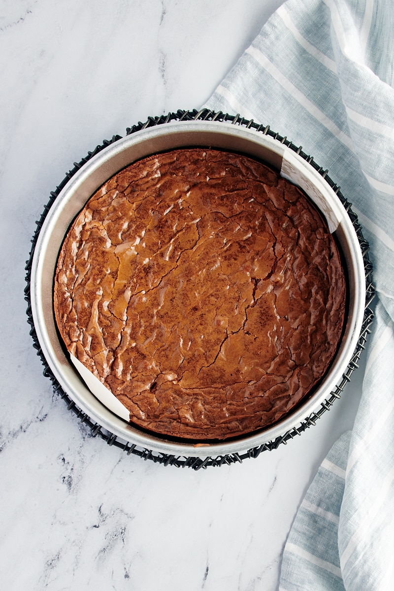 Overhead view of brownie cake cooling on rack