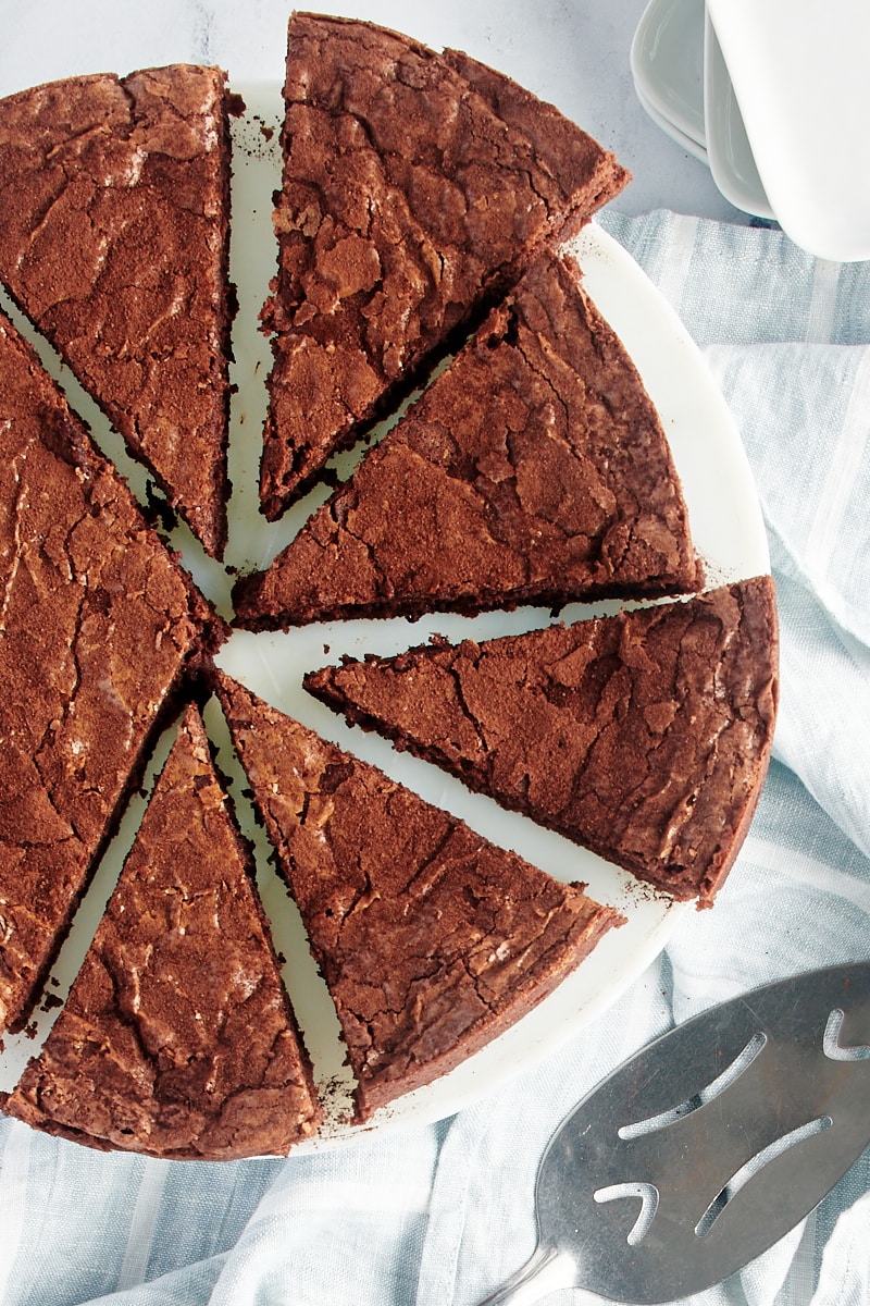 Overhead view of sliced brownie cake