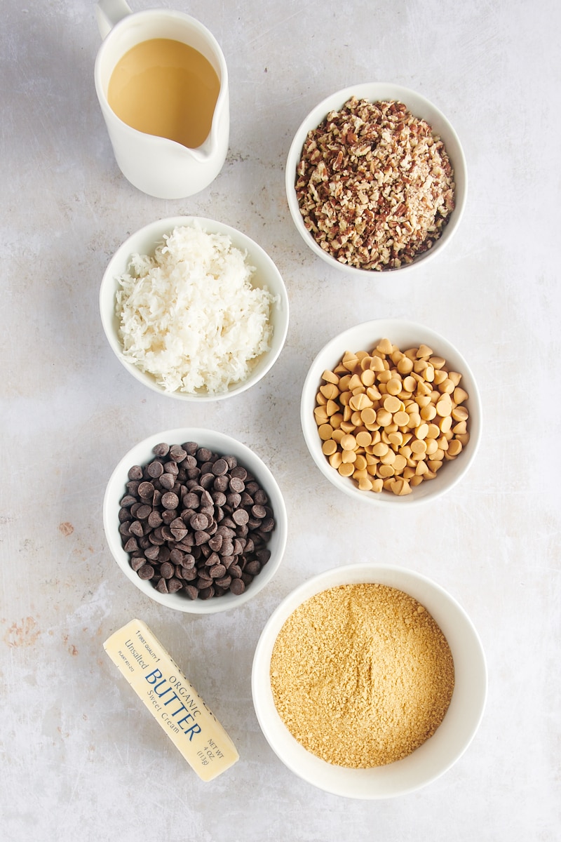 Overhead view of ingredients for seven layer bars