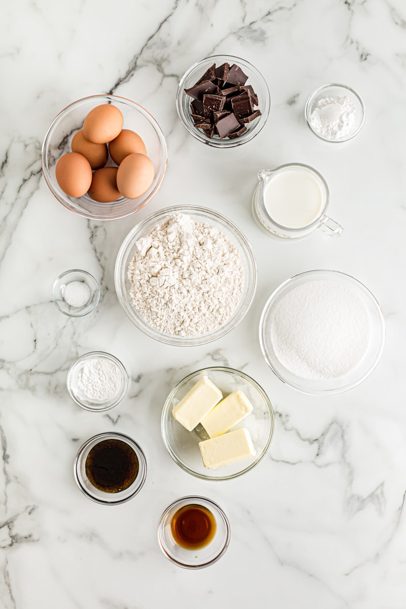 Overhead view of ingredients for chocolate-filled cupcakes