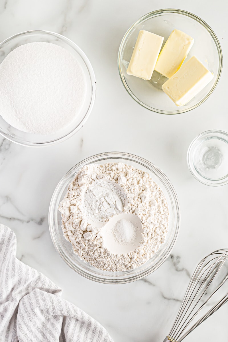 Overhead view of dry ingredients in bowl before mixing