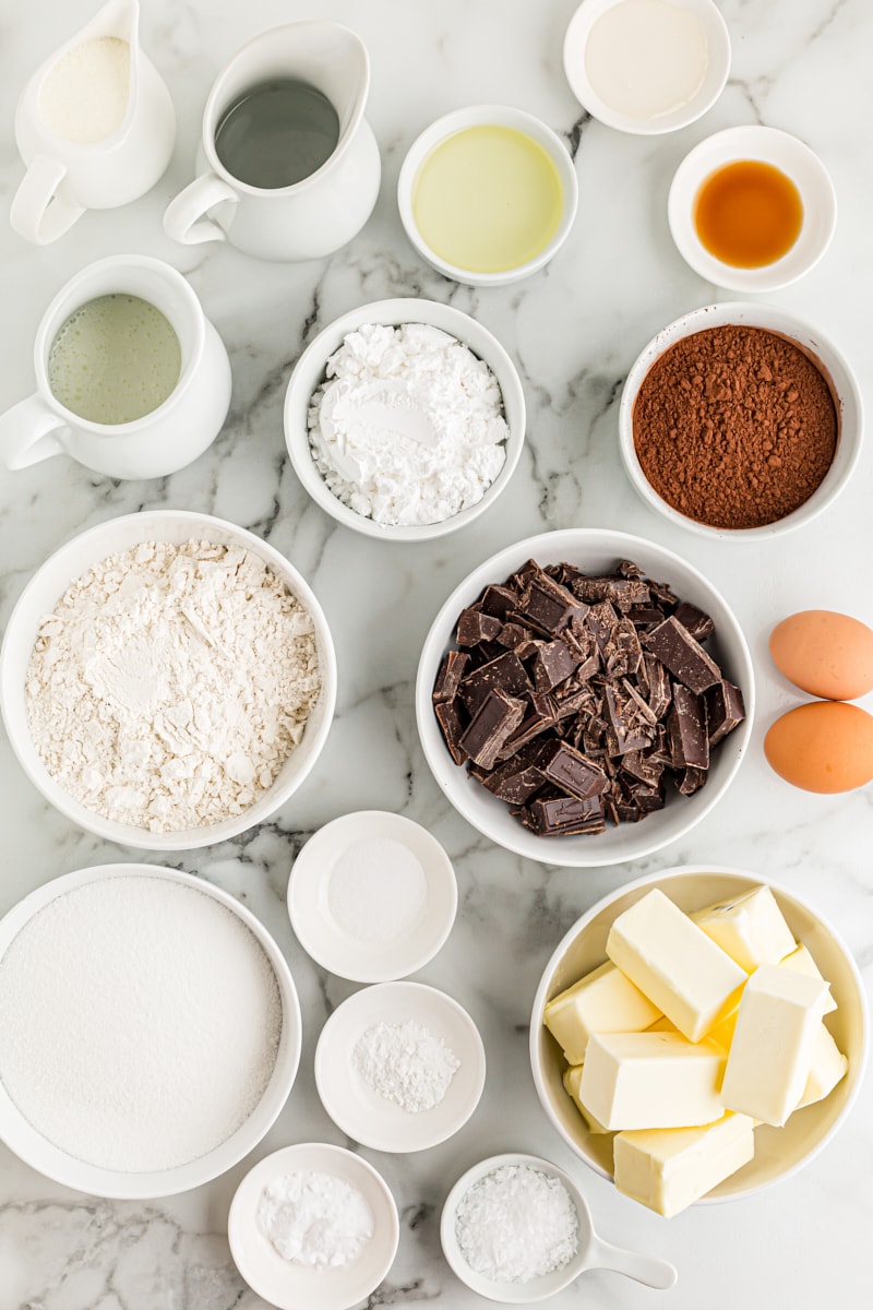 Overhead view of ingredients for chocolate salted caramel mini cupcakes