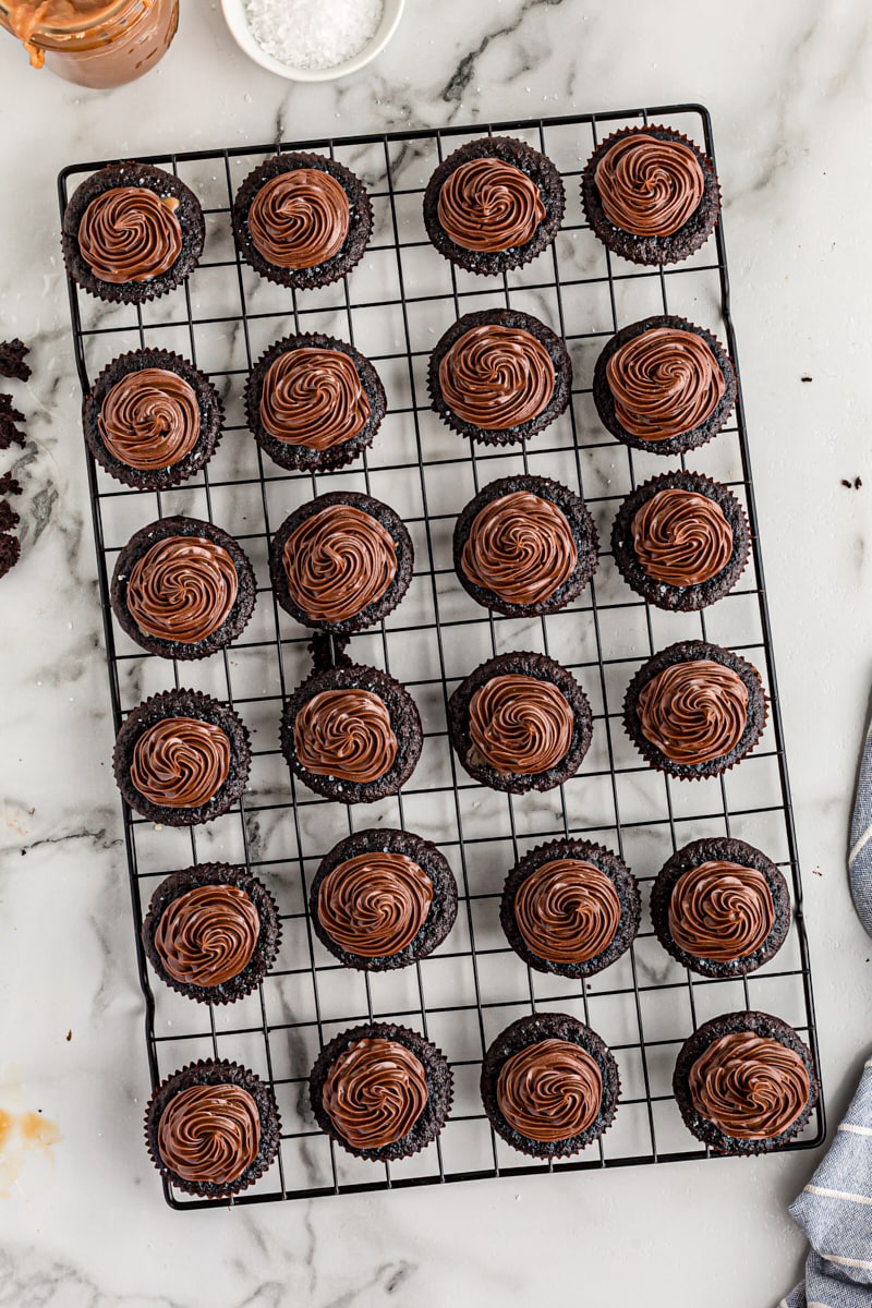 Overhead view of chocolate salted caramel mini cupcakes on cooling rack before adding salt