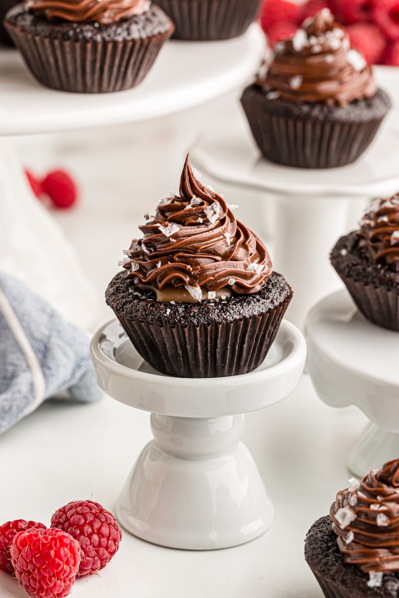 Chocolate salted caramel mini cupcake on mini cake stand