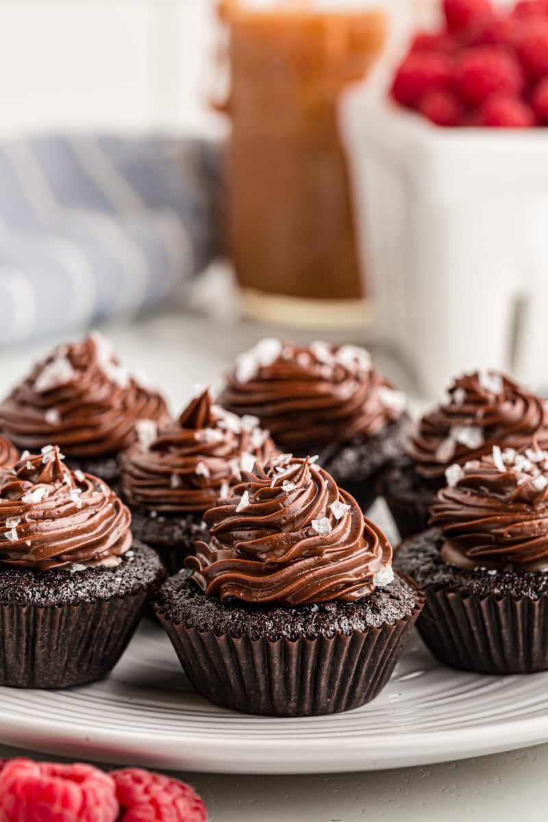 Platter of chocolate salted caramel mini cupcakes