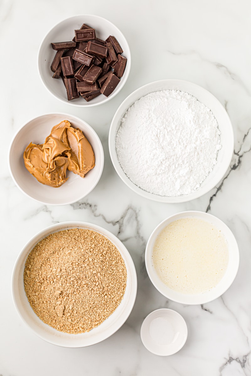 Overhead view of ingredients for no-bake peanut butter chocolate bars