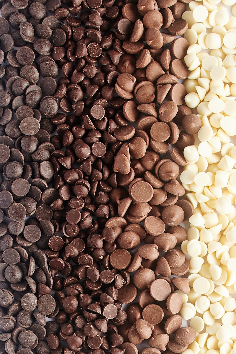 four different types of chocolate chips lined up in rows