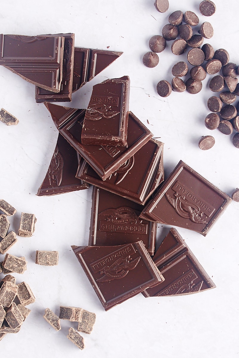 overhead view of dark chocolate chunks, bars, and chips