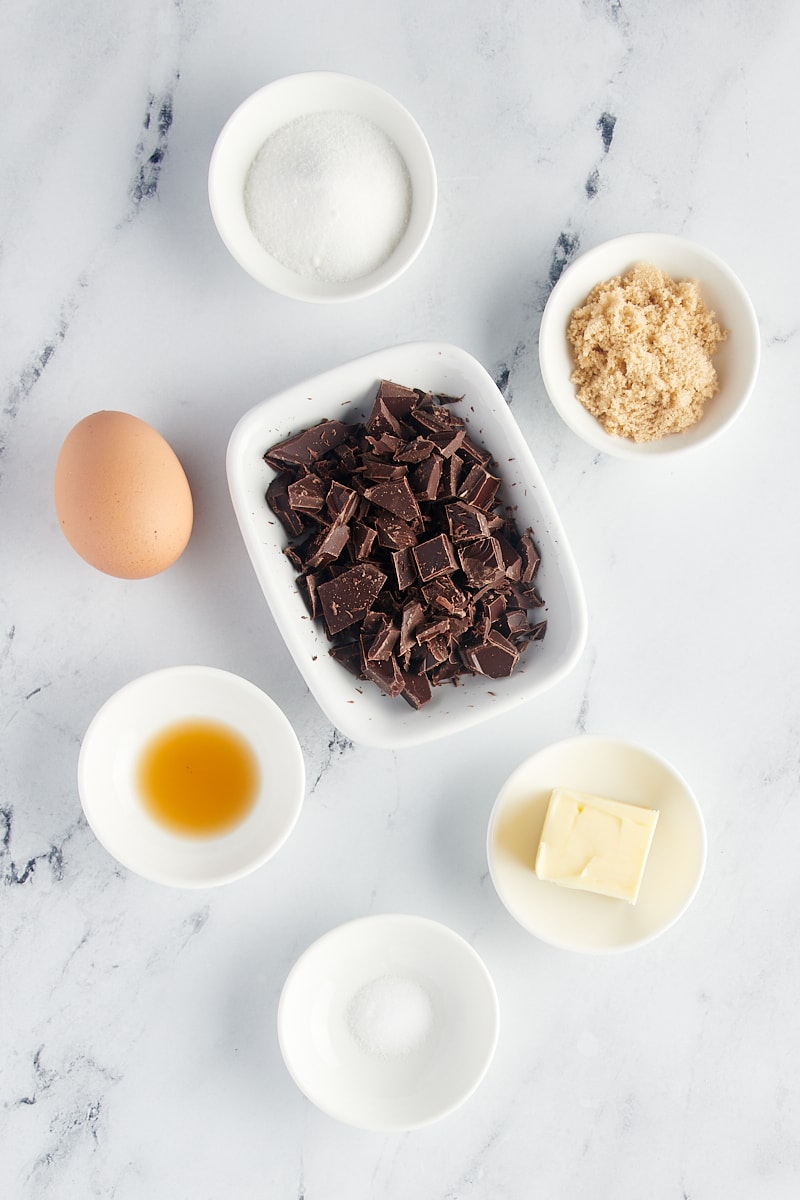 overhead view of ingredients for Flourless Chocolate Cakes for Two