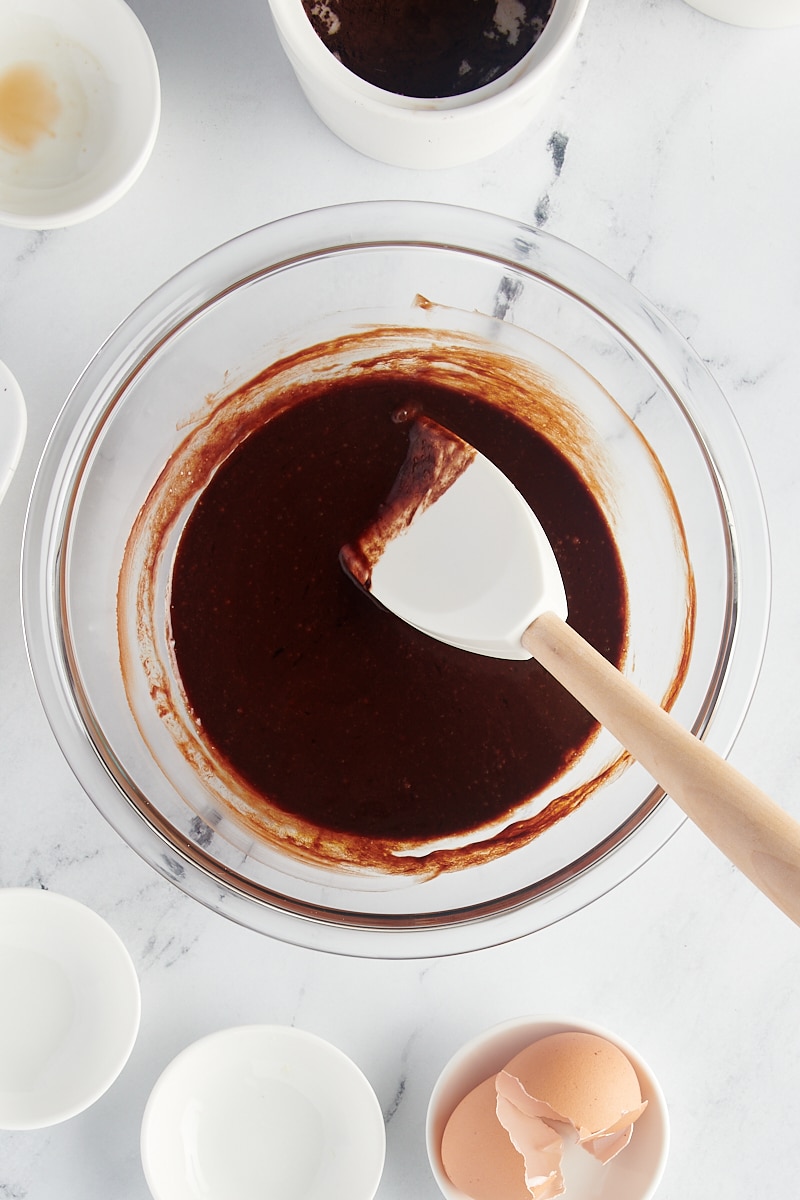 overhead view of mixed batter for flourless chocolate cake