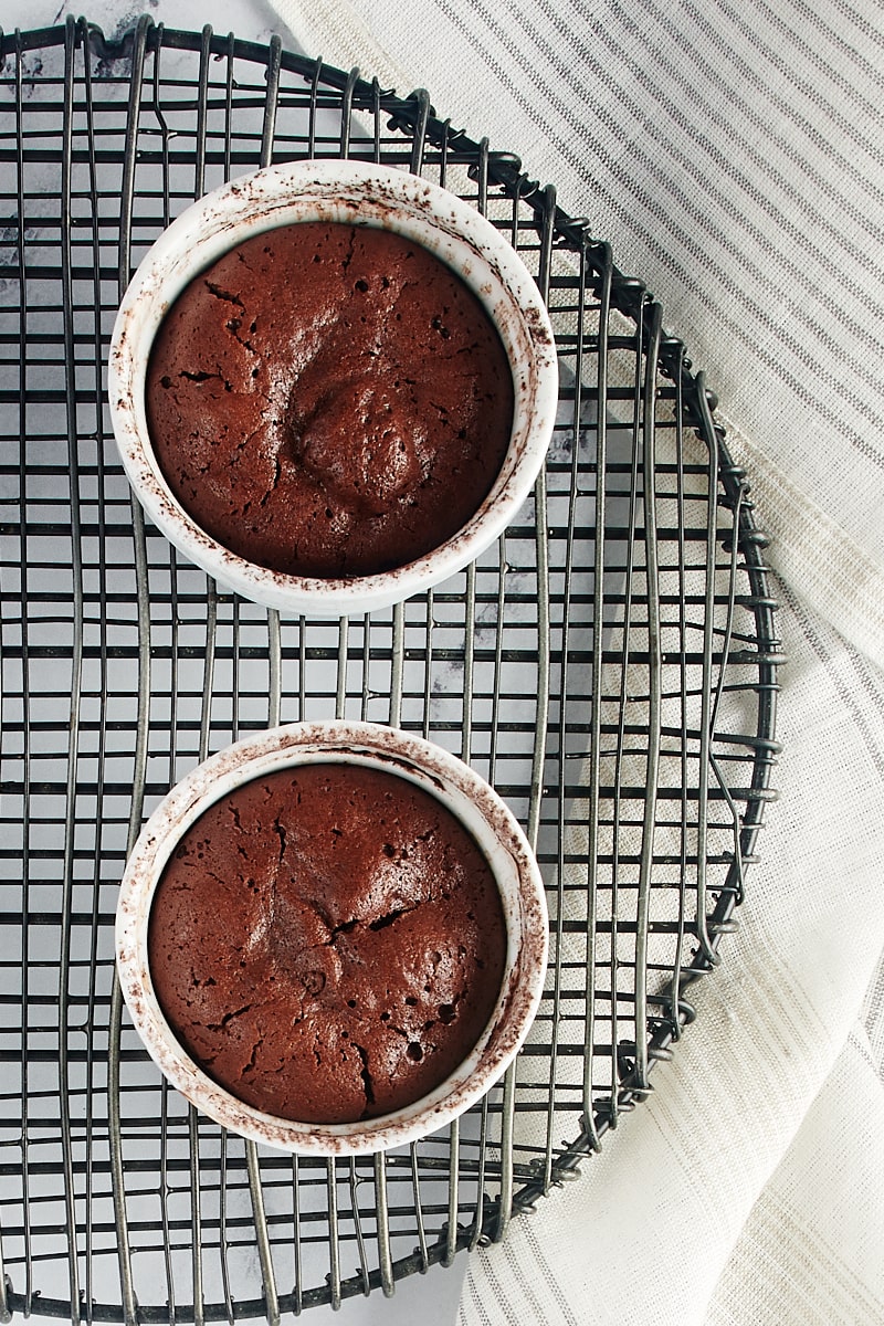 overhead view of Flourless Chocolate Cakes for Two on a wire rack