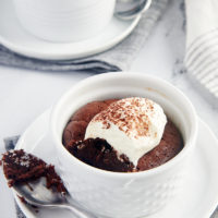 Flourless Chocolate Cakes for Two served in white ramekins set on white plates