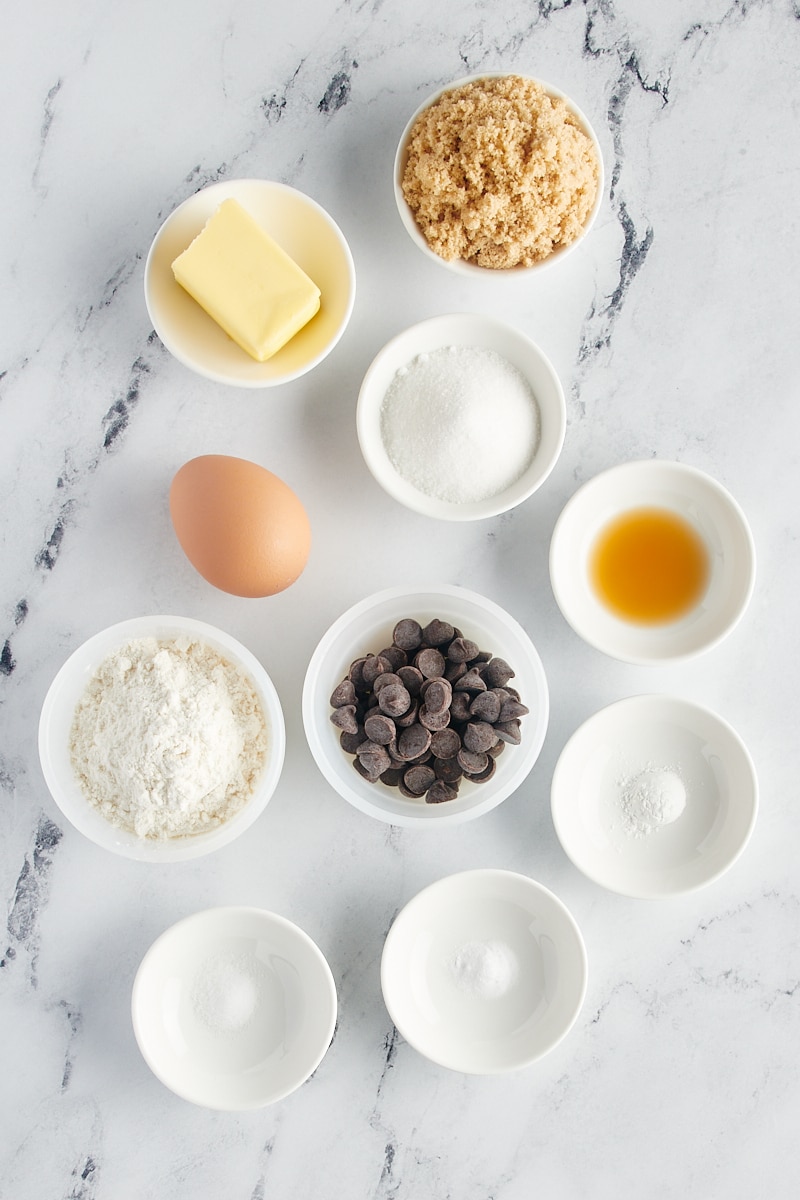 overhead view of ingredients for a giant chocolate chip cookie