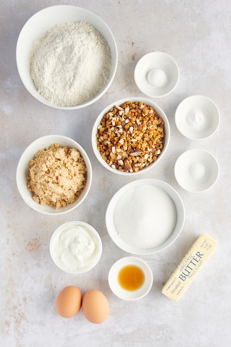 Overhead view of ingredients for granola yogurt muffins