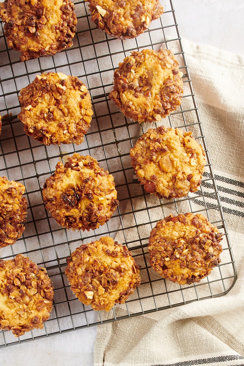 Overhead view of granola yogurt muffins on cooling rack